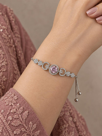 Rhodium Plated Pink AD Adjustable Bracelet for Women