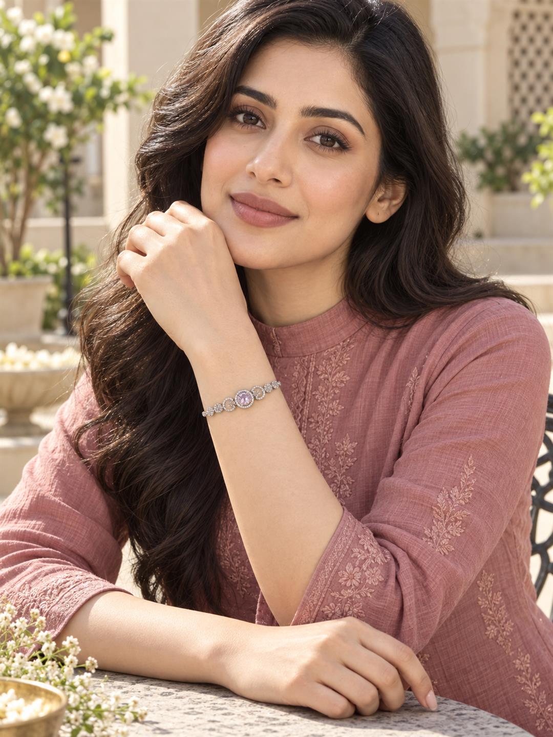 Rhodium Plated Pink AD Adjustable Bracelet for Women