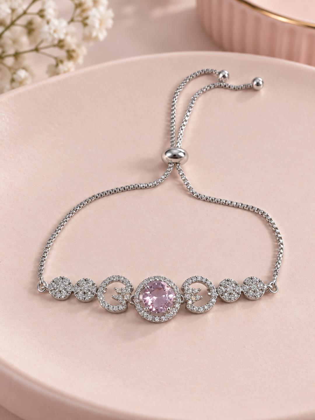 Rhodium Plated Pink AD Adjustable Bracelet for Women