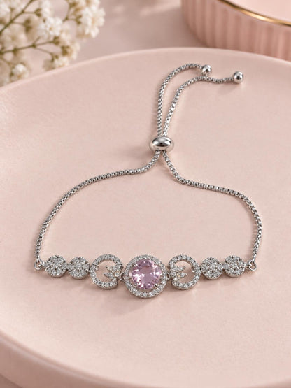Rhodium Plated Pink AD Adjustable Bracelet for Women