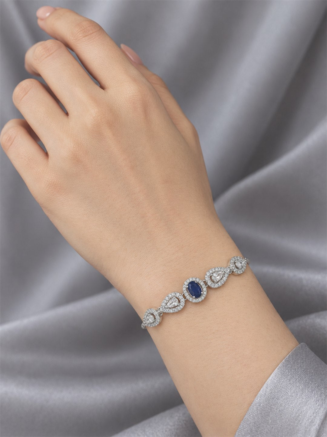 Rhodium Plated Blue AD Adjustable Bracelet for Women