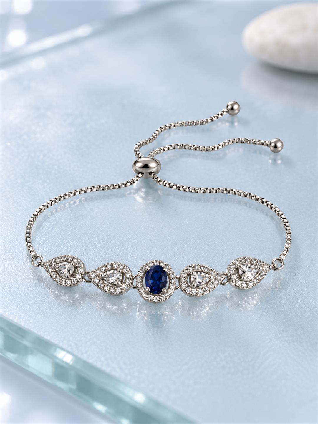 Rhodium Plated Blue AD Adjustable Bracelet for Women