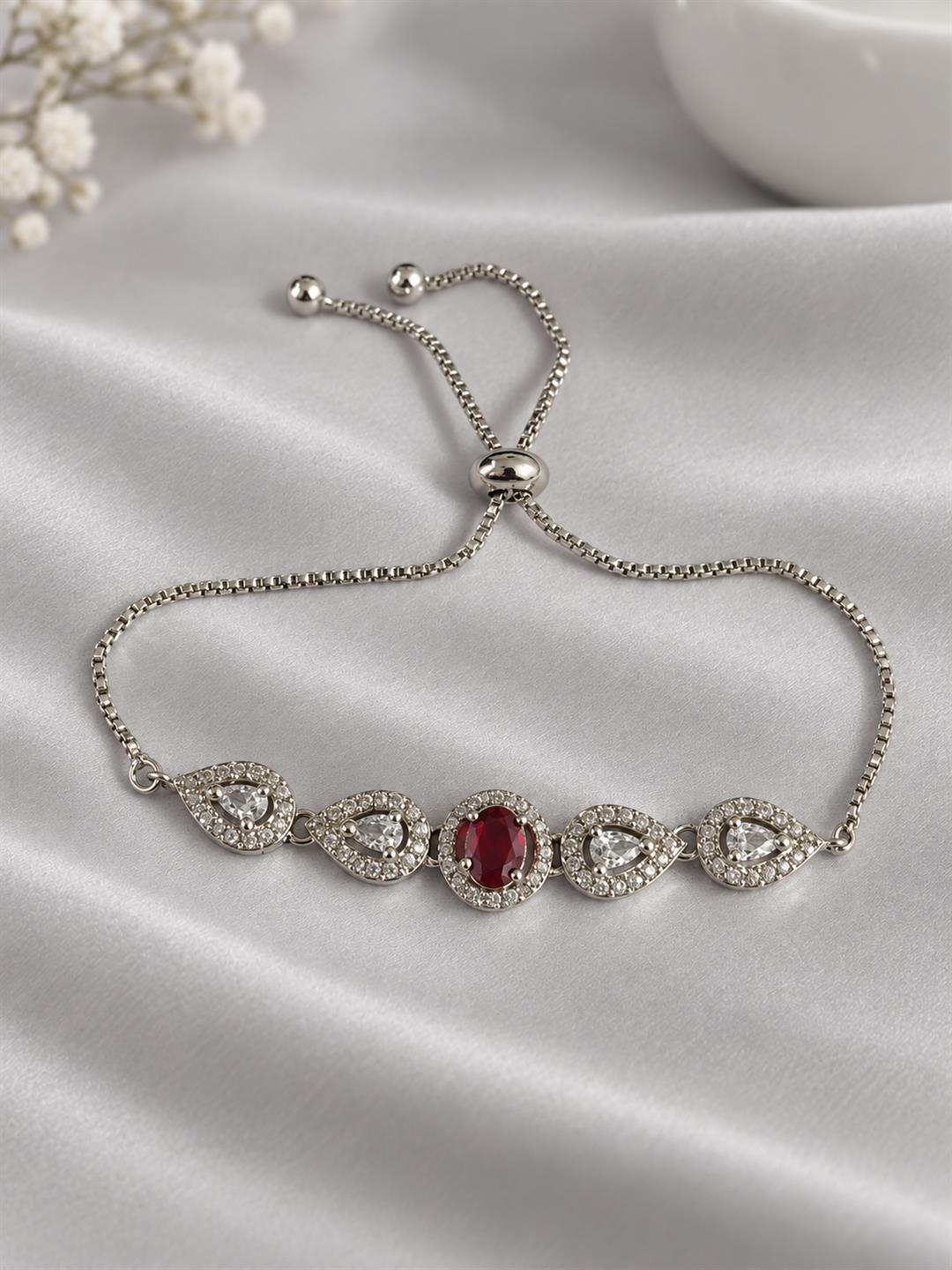 Rhodium Plated Red AD Adjustable Bracelet for Women