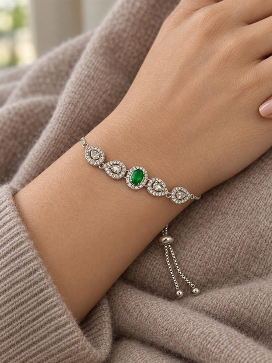 Rhodium Plated Green AD Adjustable Bracelet for Women