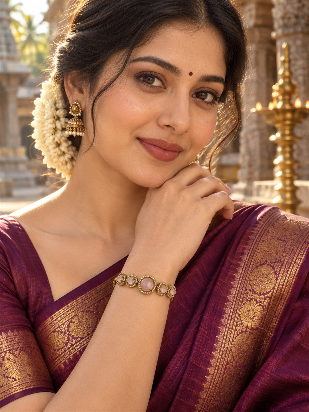 South Indian Gold Plated Pink AD Adjustable Bracelet for Women