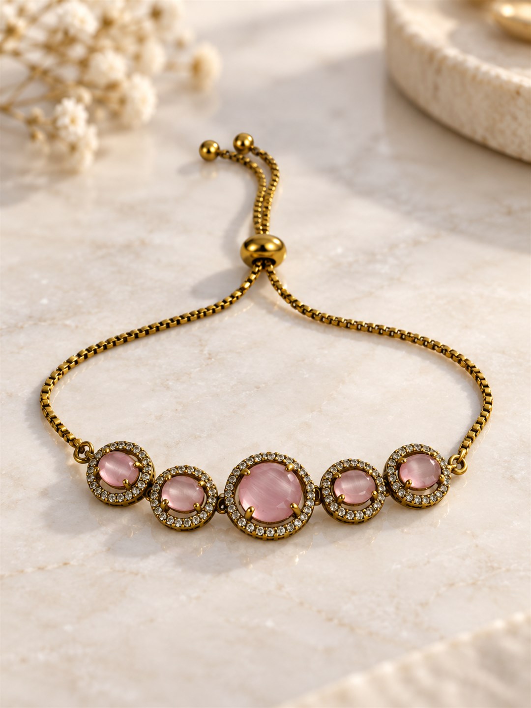 South Indian Gold Plated Pink AD Adjustable Bracelet for Women
