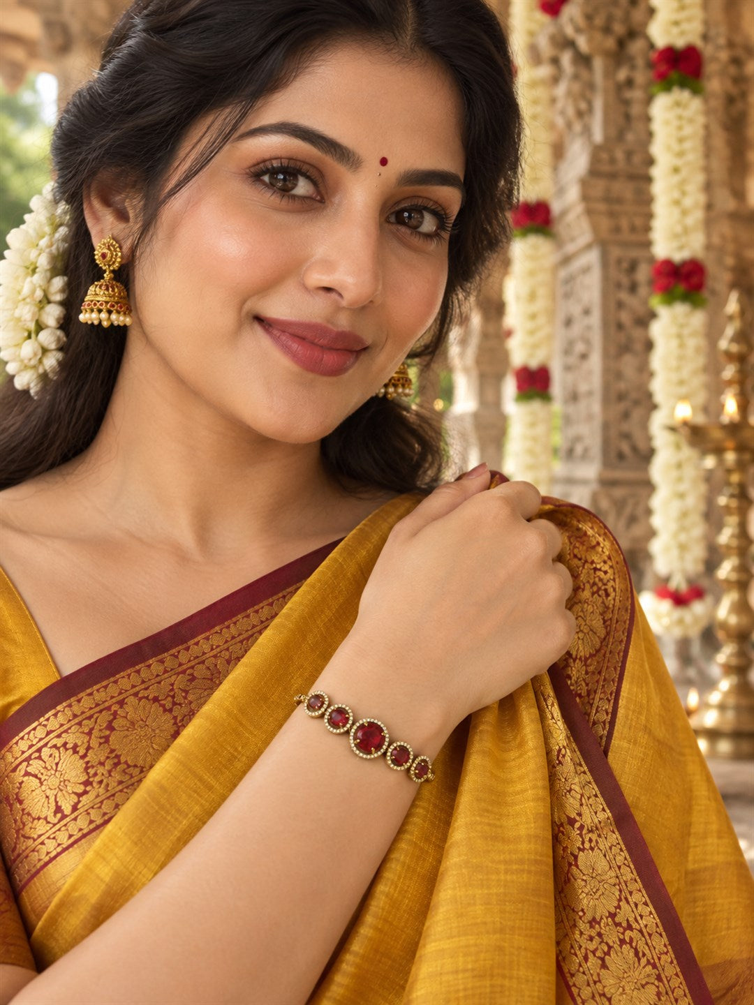 South Indian Gold Plated Red AD Adjustable Bracelet for Women