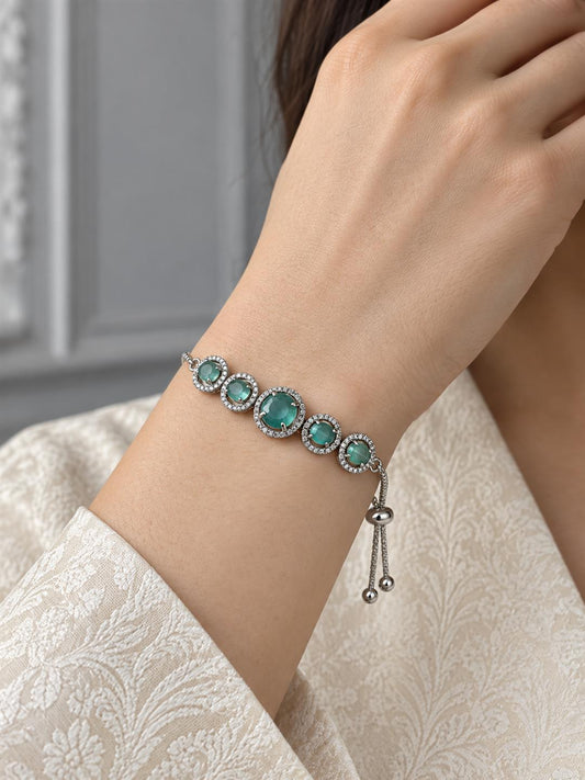 Rhodium Plated Green AD Adjustable Bracelet for Women
