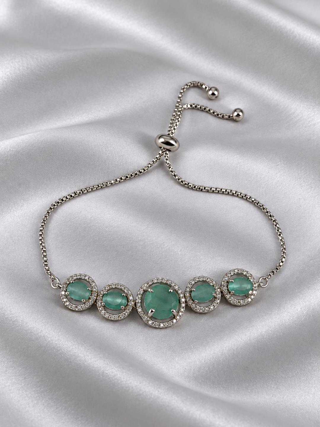 Rhodium Plated Green AD Adjustable Bracelet for Women