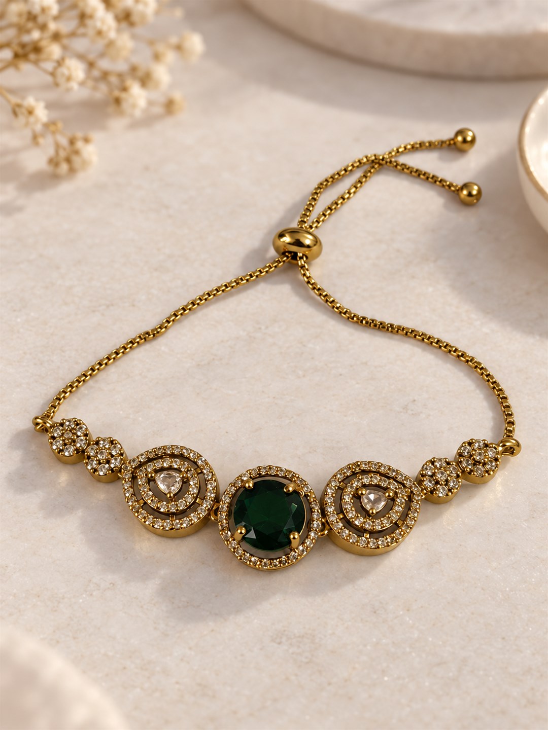 South Indian Gold Plated Green AD Adjustable Bracelet for Women