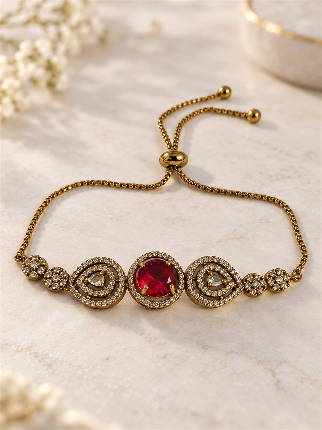 South Indian Gold Plated Red AD Adjustable Bracelet for Women