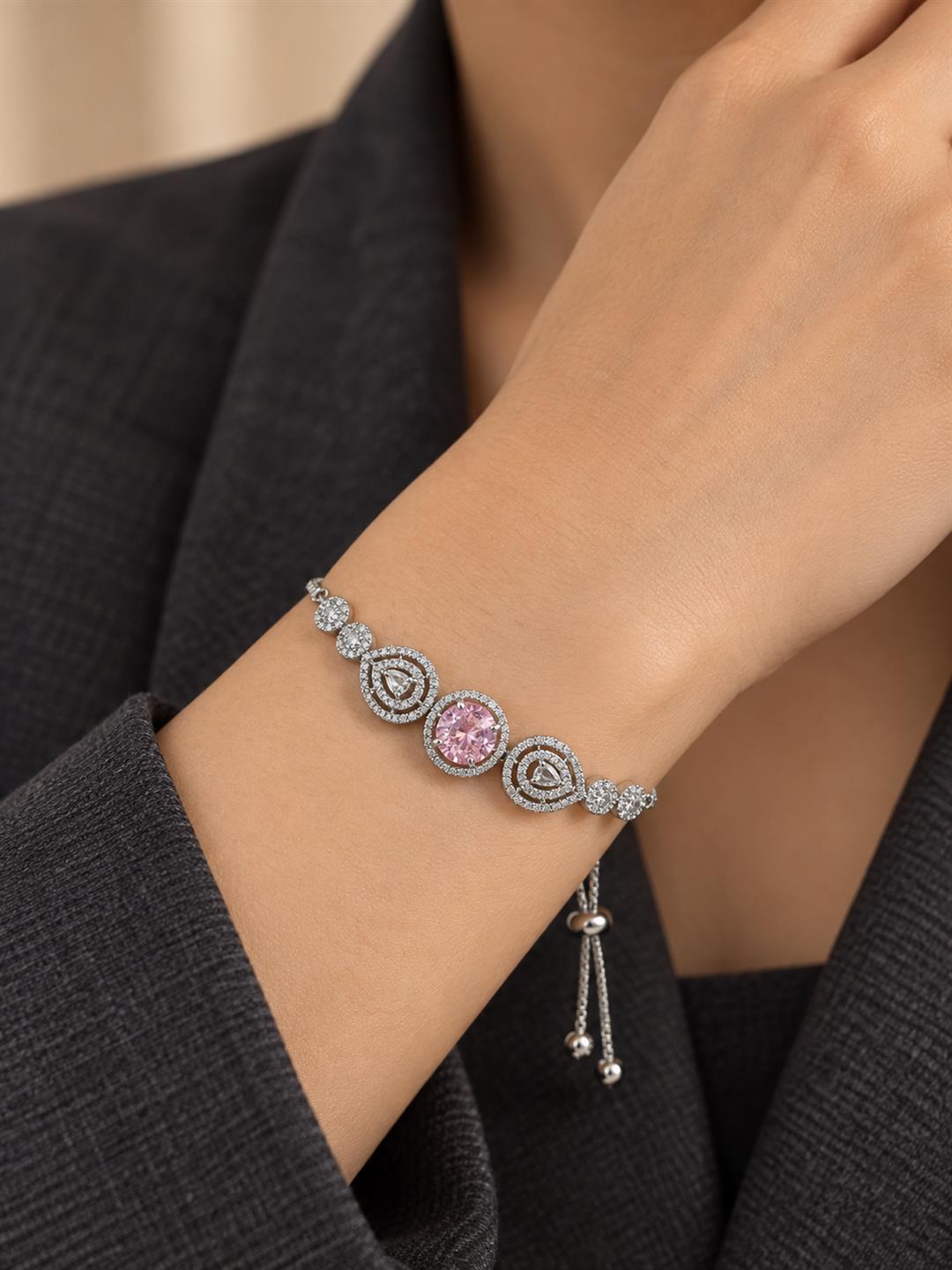 Rhodium Plated Pink AD Adjustable Bracelet for Women