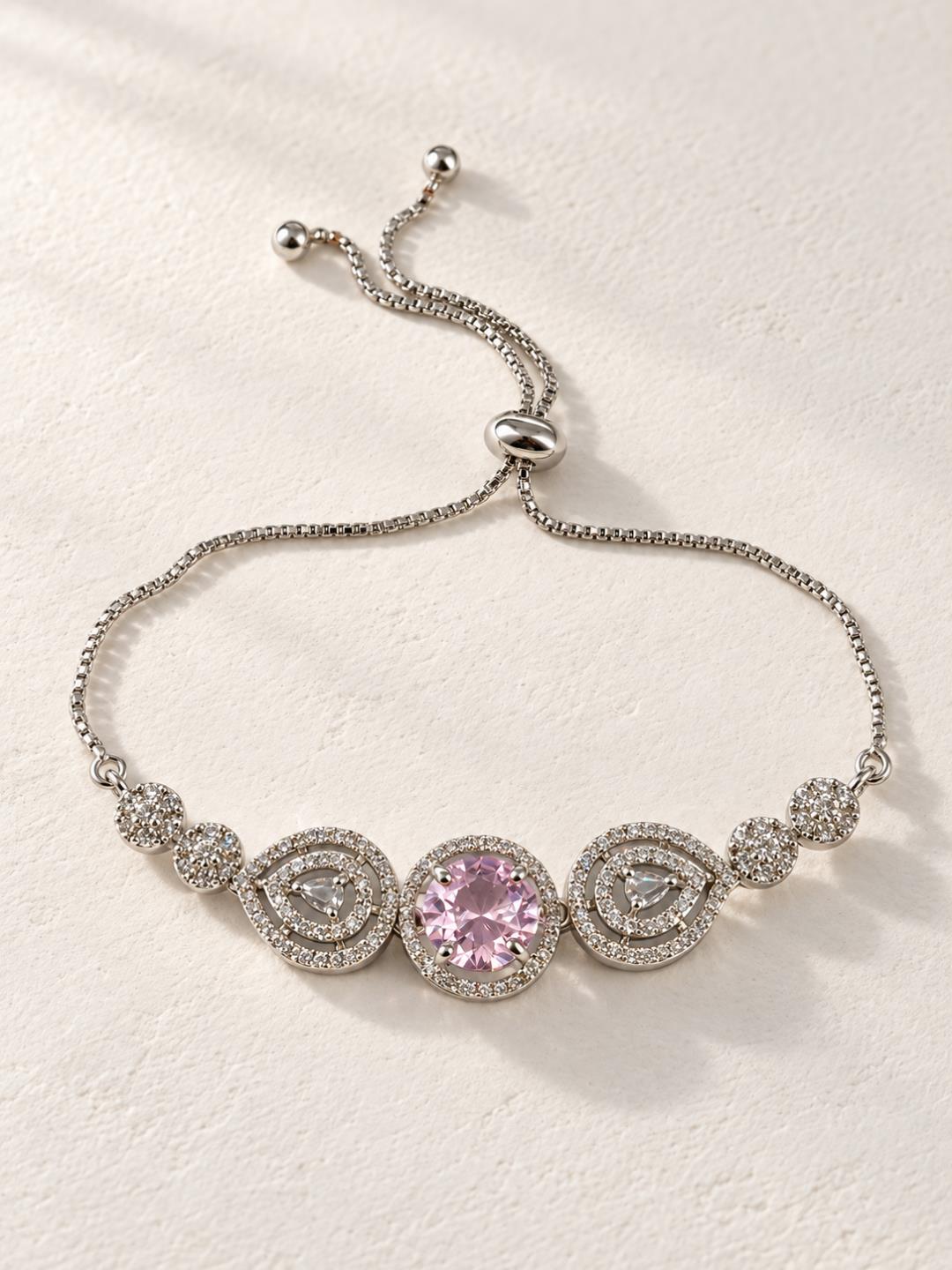 Rhodium Plated Pink AD Adjustable Bracelet for Women