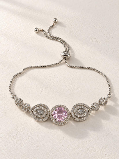 Rhodium Plated Pink AD Adjustable Bracelet for Women