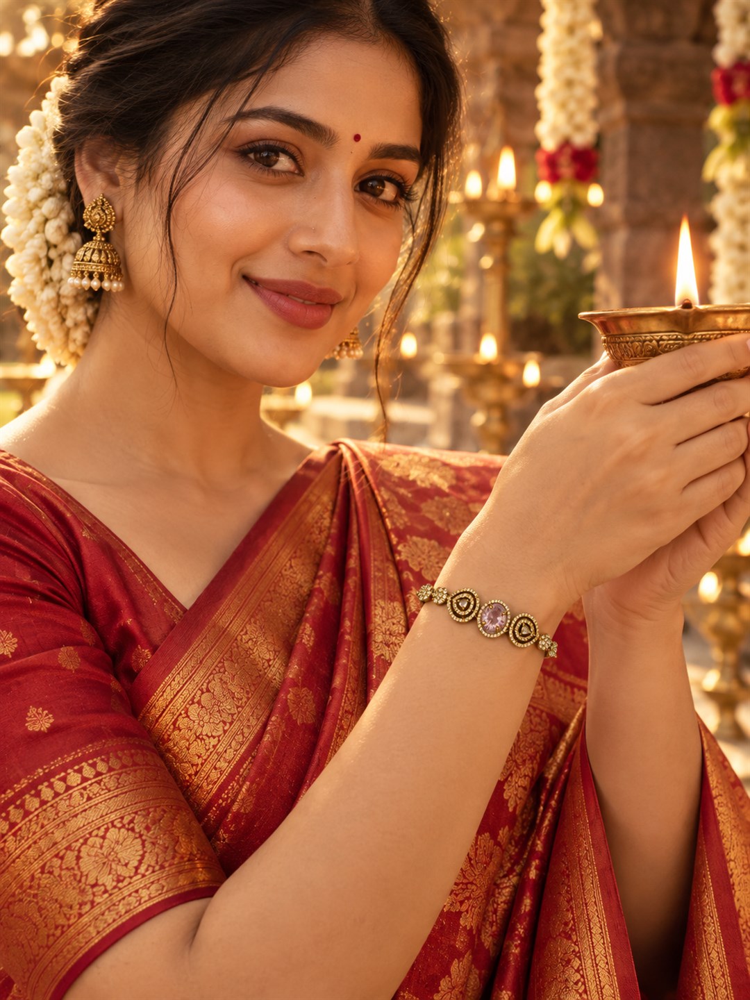 South Indian Gold Plated Pink AD Adjustable Bracelet for Women