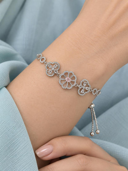 Rhodium Plated Pink AD Adjustable Bracelet for Women