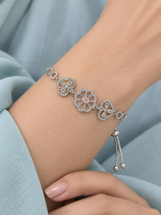 Rhodium Plated Pink AD Adjustable Bracelet for Women
