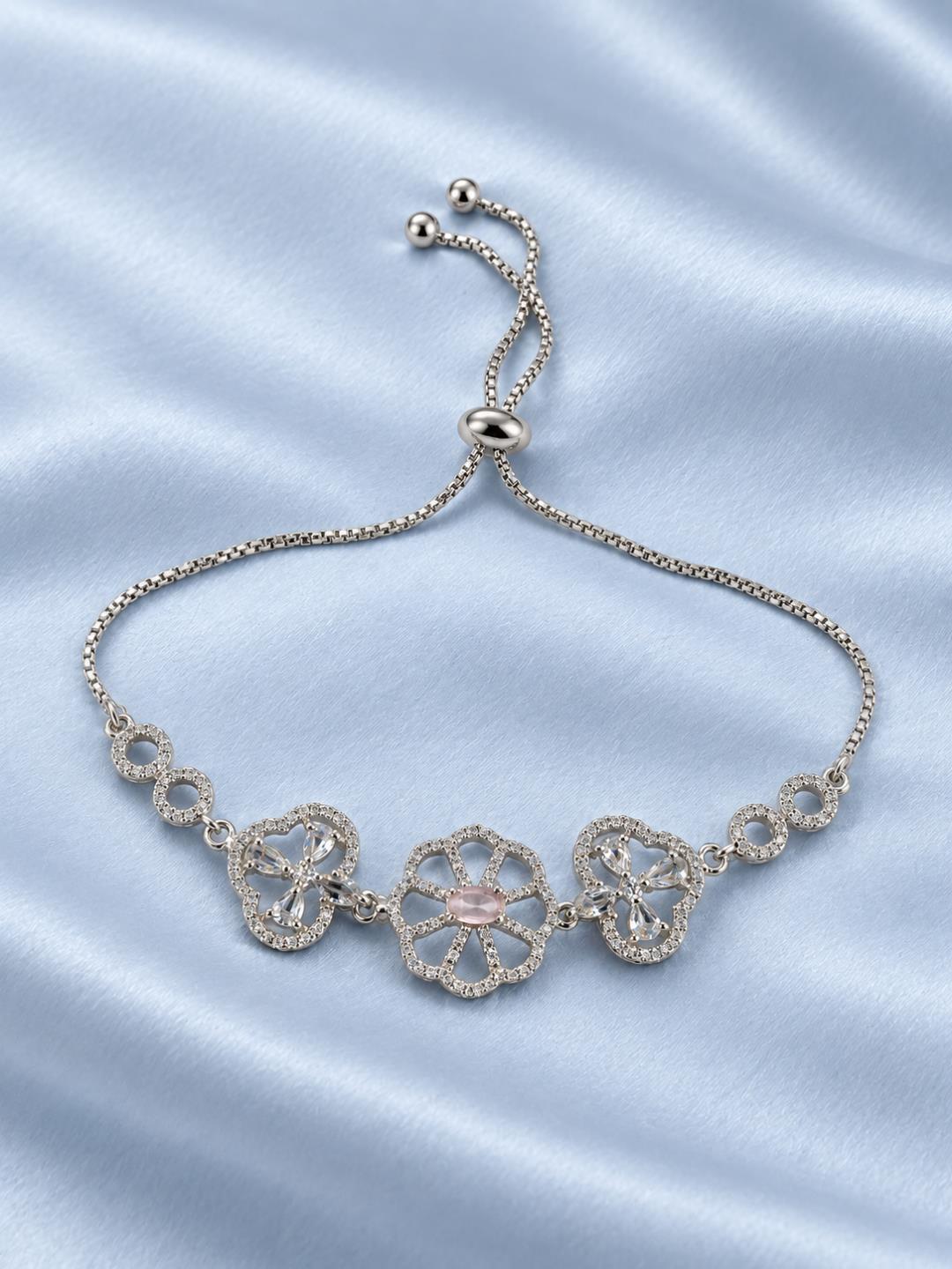 Rhodium Plated Pink AD Adjustable Bracelet for Women