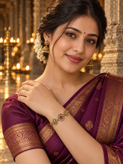 South Indian Gold Plated Red AD Adjustable Bracelet for Women
