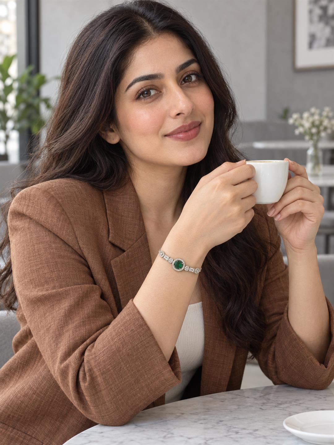 Rhodium Plated Green AD Adjustable Bracelet for Women