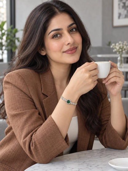 Rhodium Plated Green AD Adjustable Bracelet for Women