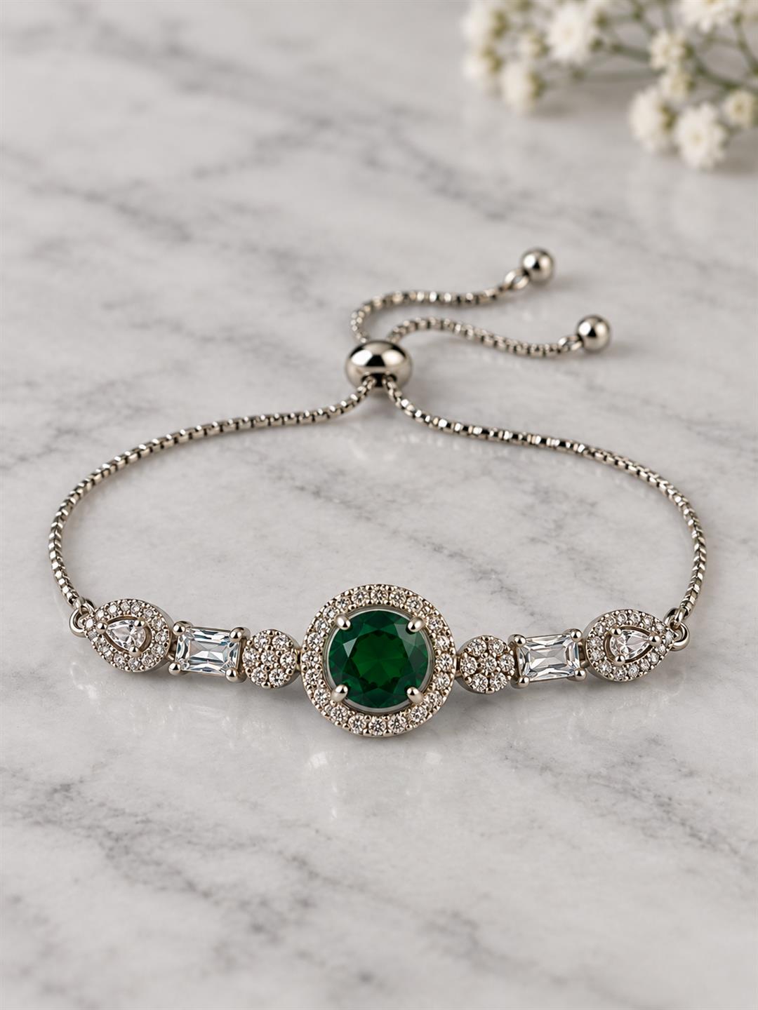 Rhodium Plated Green AD Adjustable Bracelet for Women