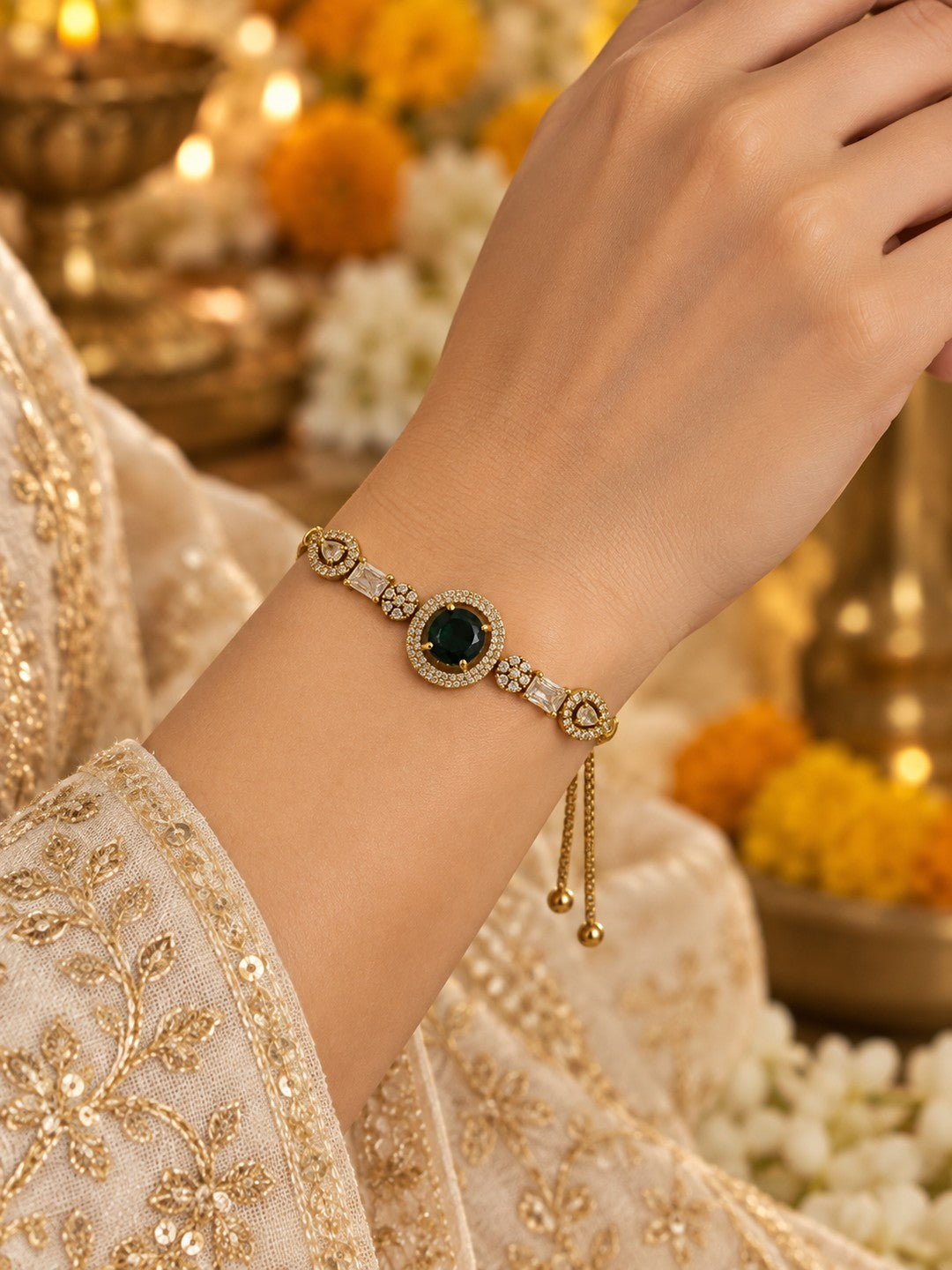 South India Gold Plated Green AD Bracelet for Women