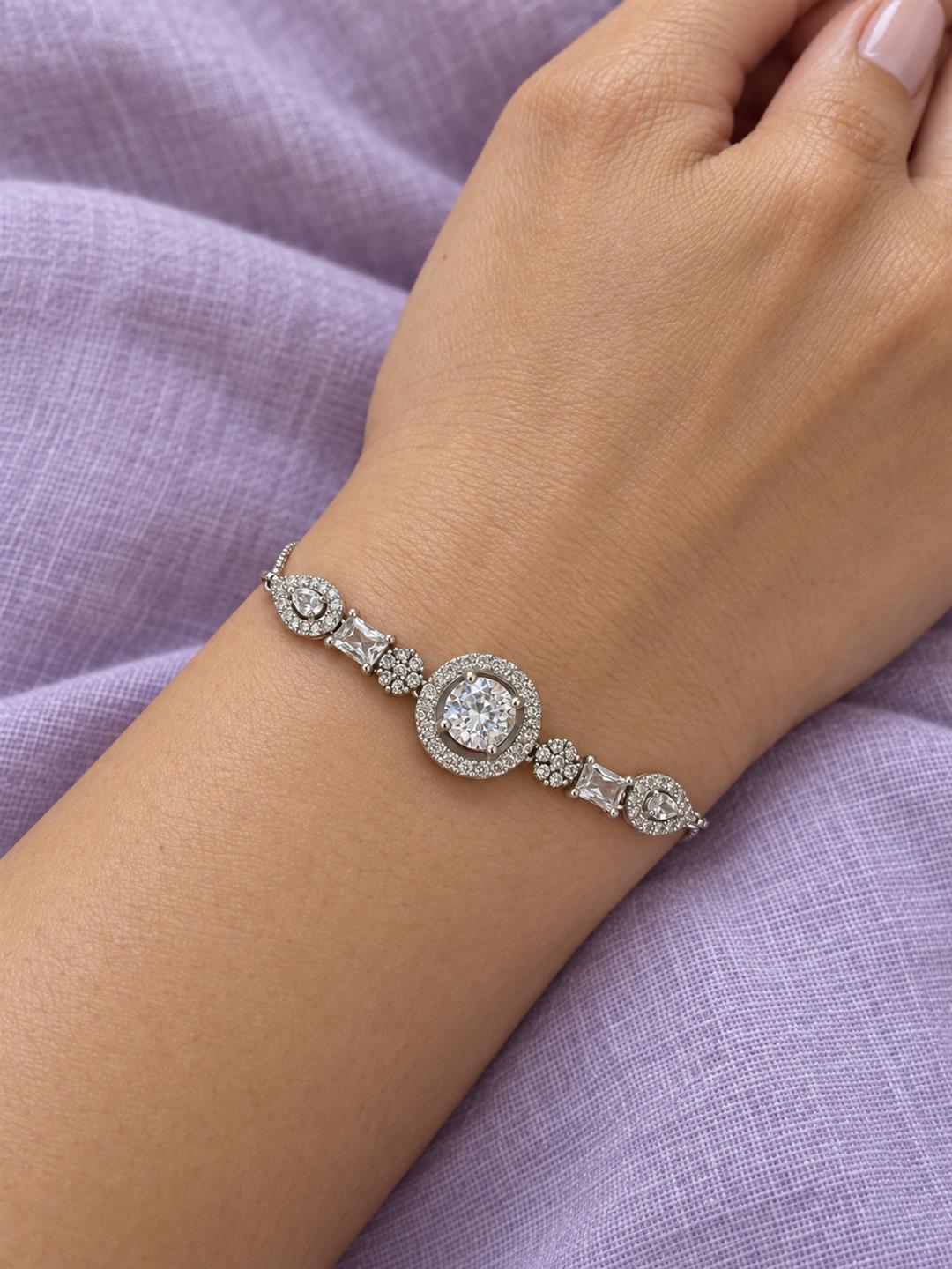 Rhodium Plated AD Adjustable Bracelet for Women