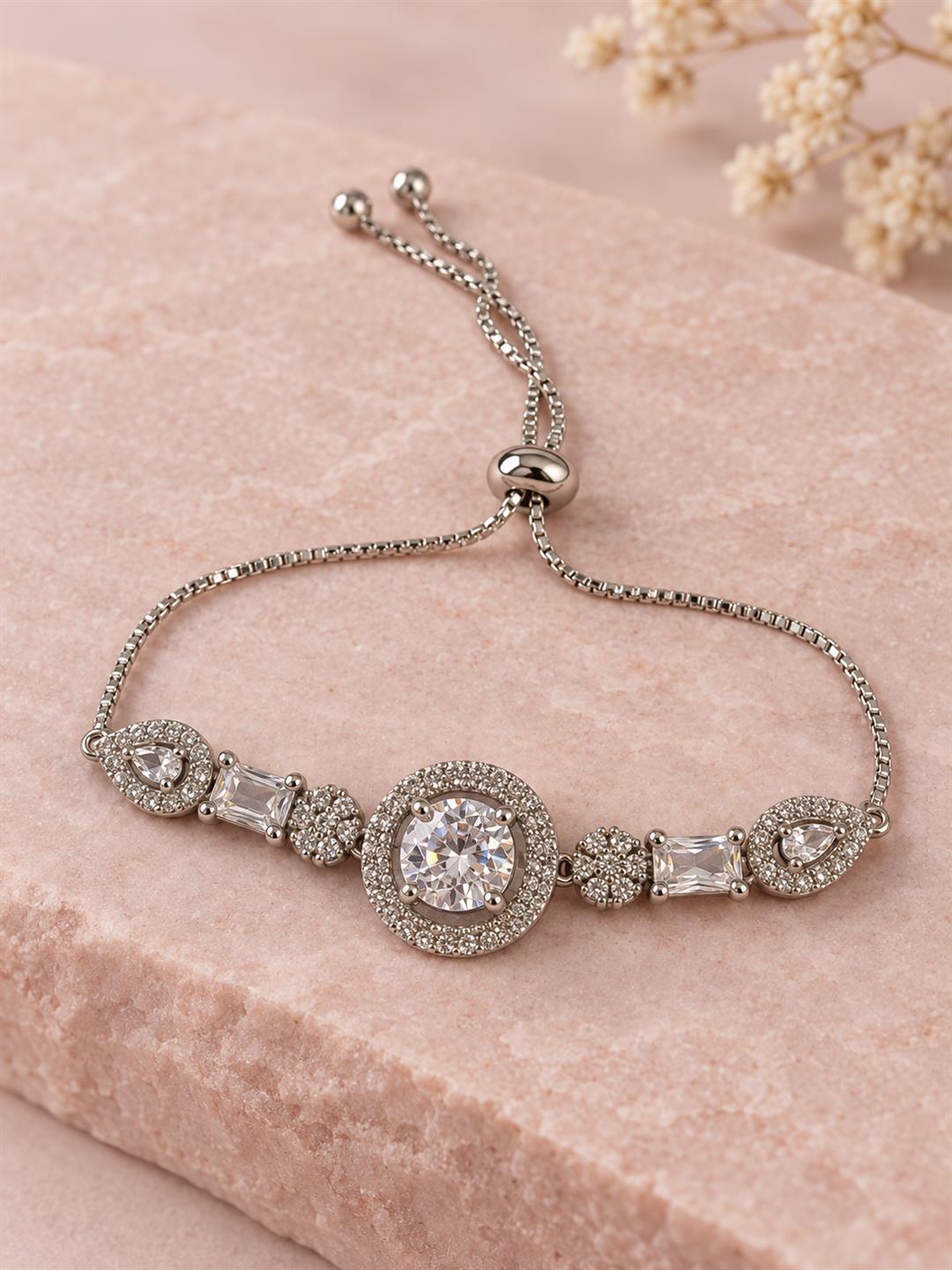 Rhodium Plated AD Adjustable Bracelet for Women