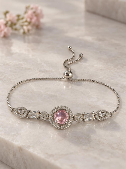 Rhodium Plated Pink AD Adjustable Bracelet for Women