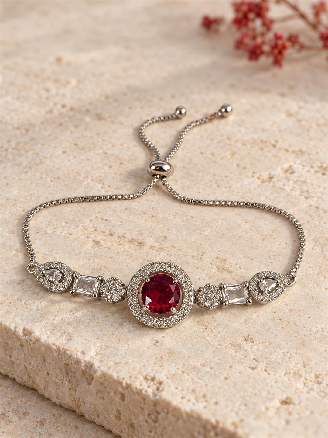 Rhodium Plated Red AD Adjustable Bracelet for Women