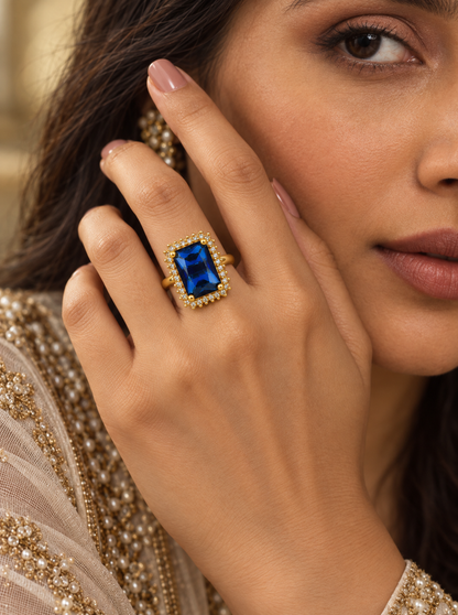 South Indian Gold Plated Blue AD Finger Ring for Women
