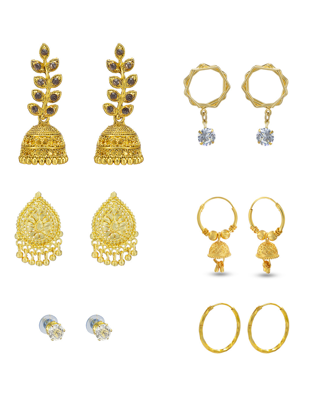 Pack of 6 Gold Plated Hoop, Jhumkas & Studs Earrings