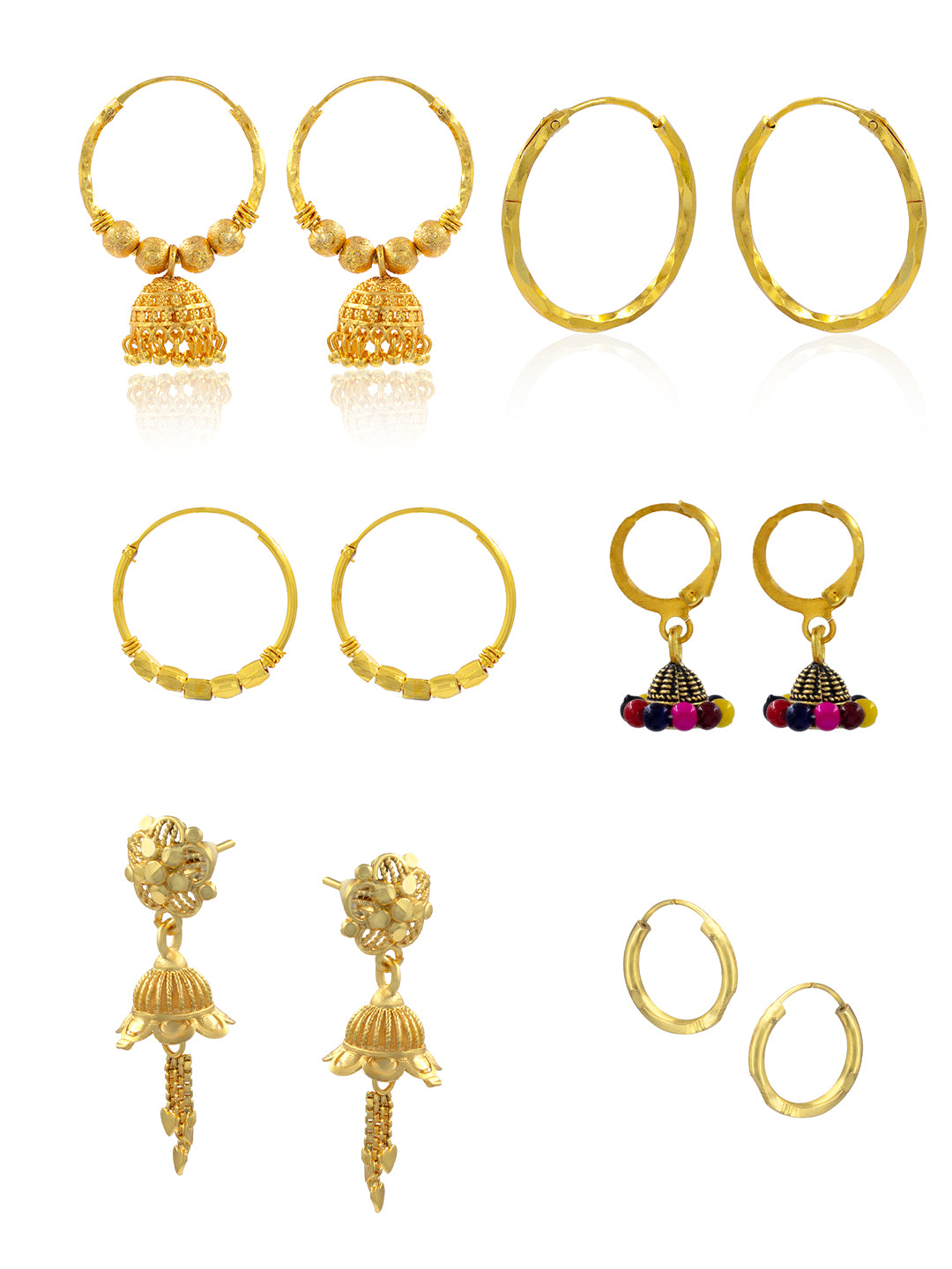 Pack of 6 Gold Plated Hoop, Jhumkas & Studs Earrings