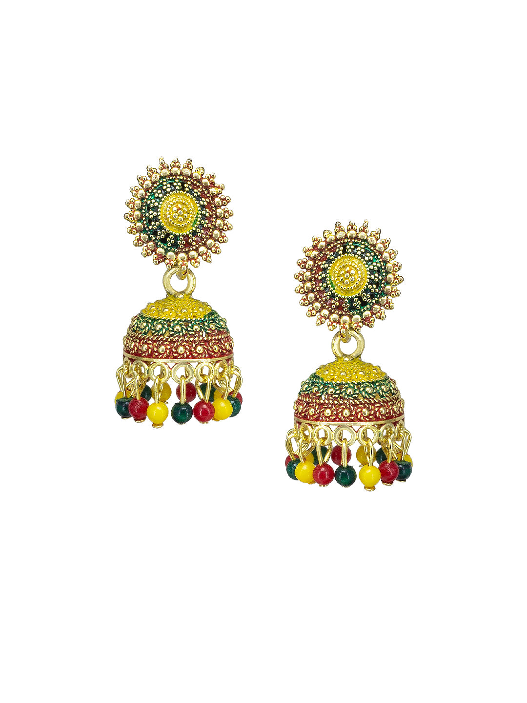 Gold Plated Circular Multi Color Artificial Beaded Jhumki Earrings