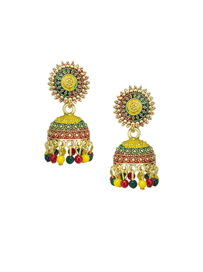 Gold Plated Circular Multi Color Artificial Beaded Jhumki Earrings