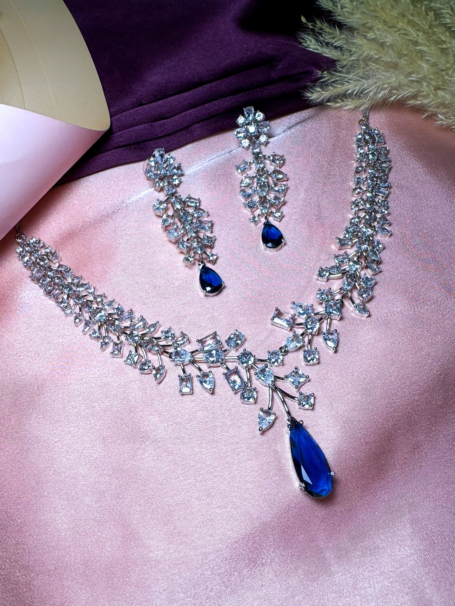 Silver Plated Blue American Diamond Statement Jewellery Set