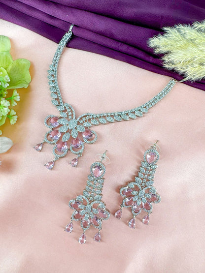 Silver Plated Pink AD Designer Floral Jewellery Set