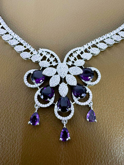 Silver Plated Purple AD Designer Floral Jewellery Set