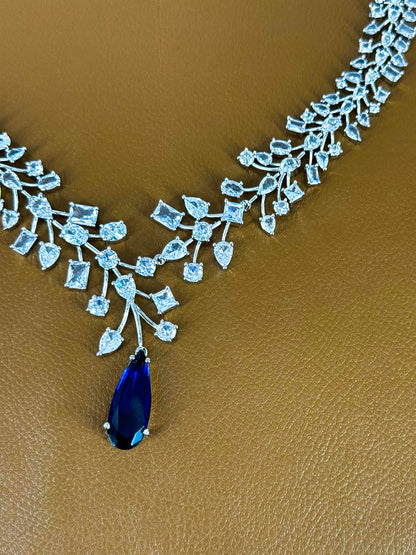 Silver Plated Blue American Diamond Statement Jewellery Set