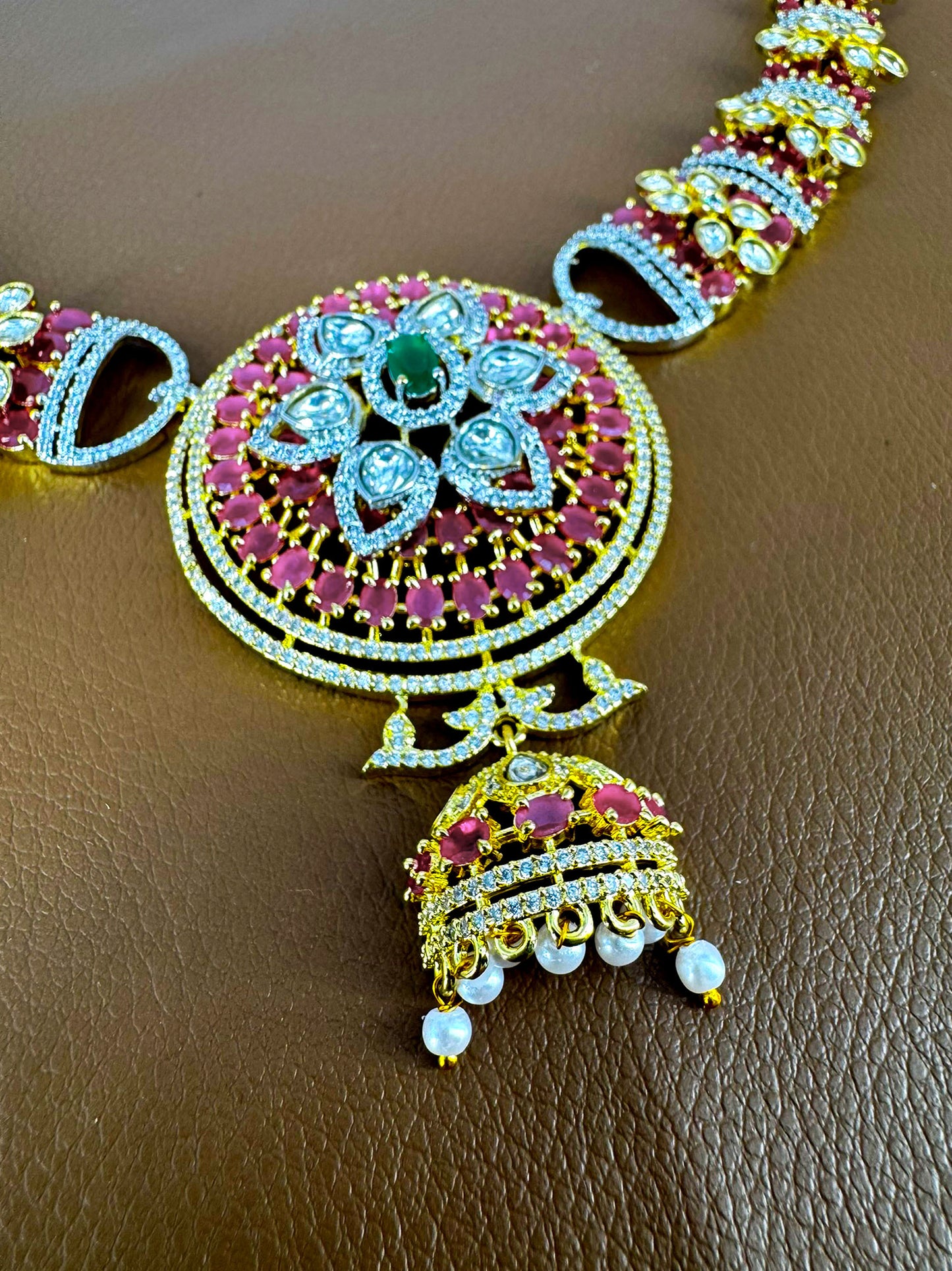 Gold Plated Ruby Pink AD Kundan Choker Jewellery Set