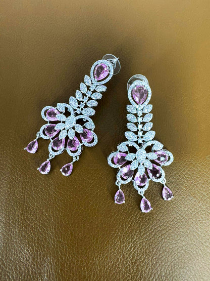 Silver Plated Pink AD Designer Floral Jewellery Set