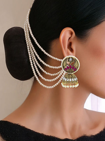 Gold Plated Kundan Studded and Beaded Traditional Jhumka with Ear Chain