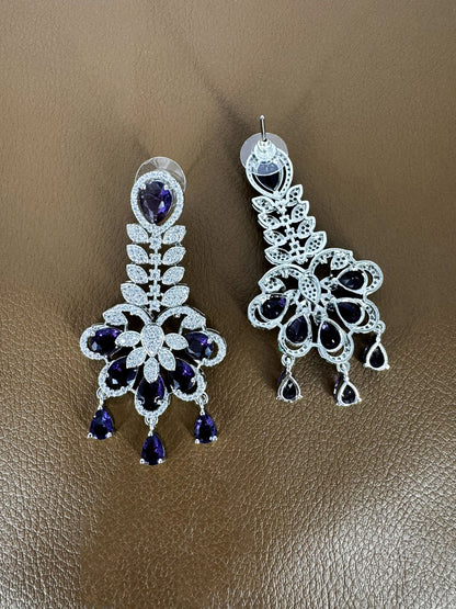 Silver Plated Purple AD Designer Floral Jewellery Set