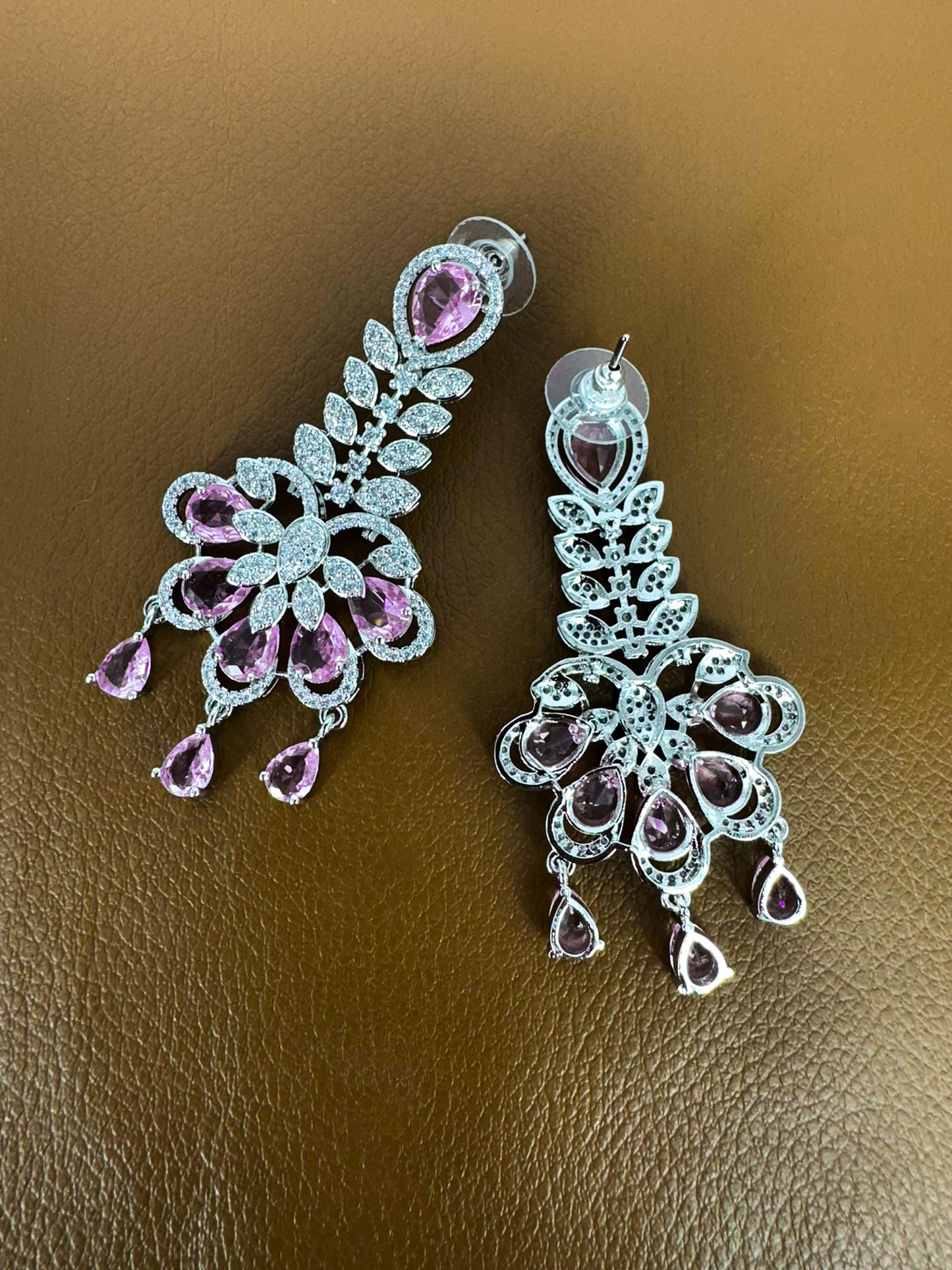 Silver Plated Pink AD Designer Floral Jewellery Set