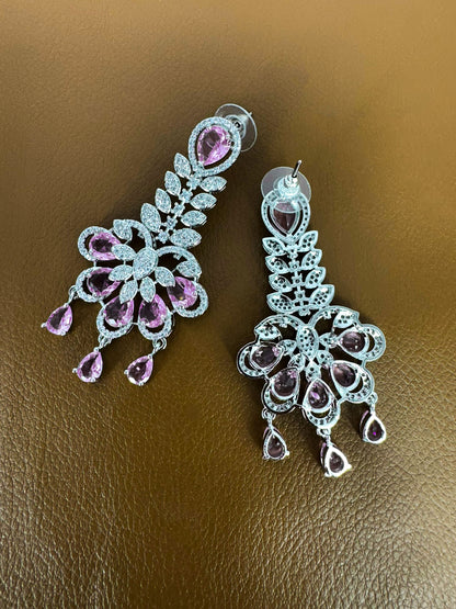 Silver Plated Pink AD Designer Floral Jewellery Set