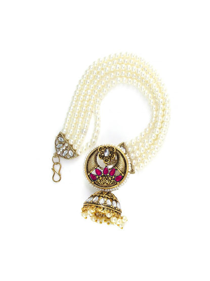 Gold Plated Kundan Studded and Beaded Traditional Jhumka with Ear Chain