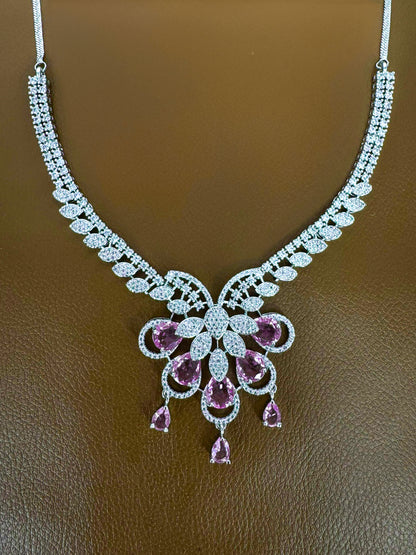 Silver Plated Pink AD Designer Floral Jewellery Set