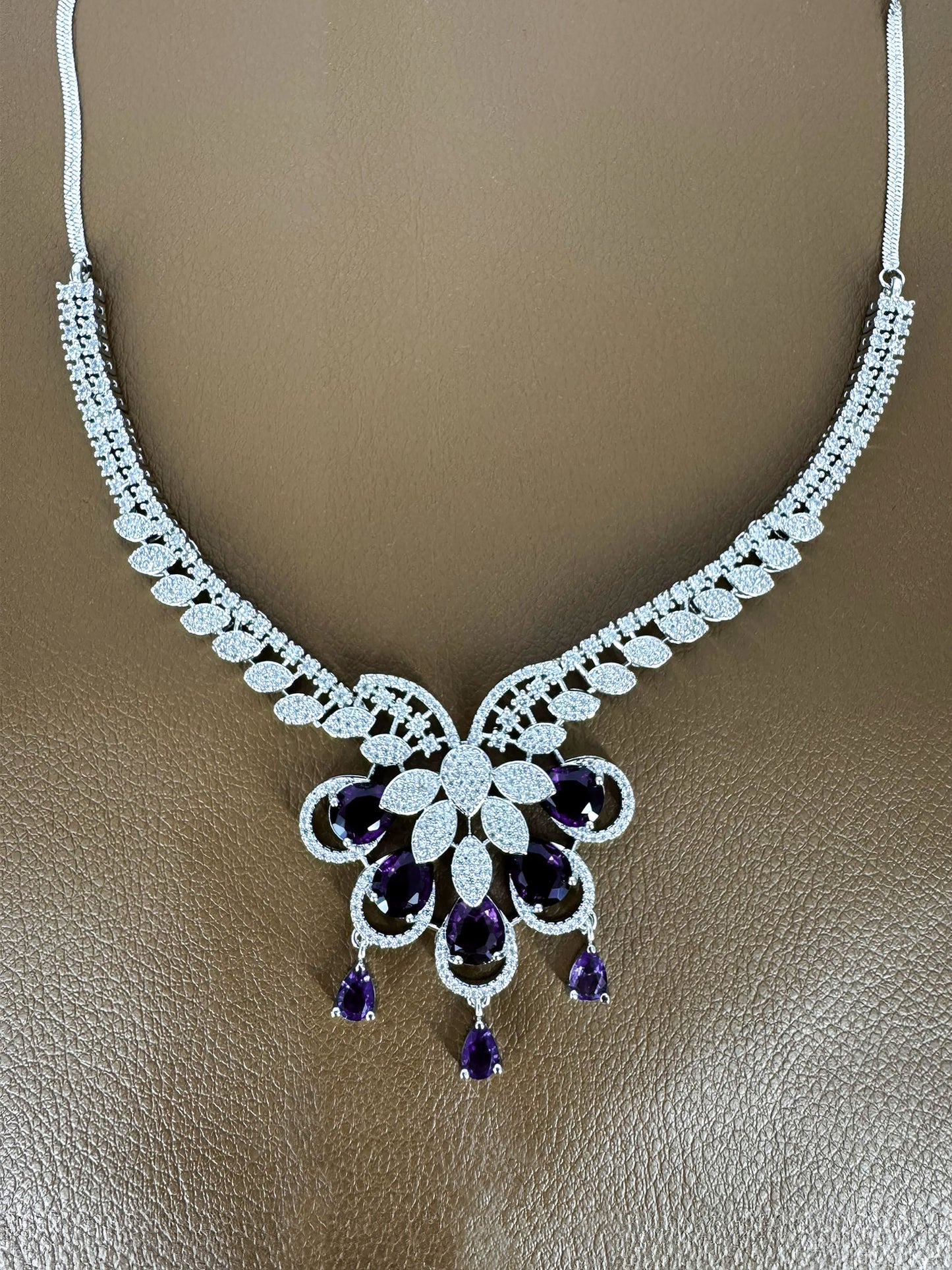 Silver Plated Purple AD Designer Floral Jewellery Set