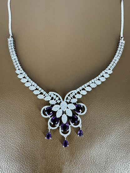 Silver Plated Purple AD Designer Floral Jewellery Set